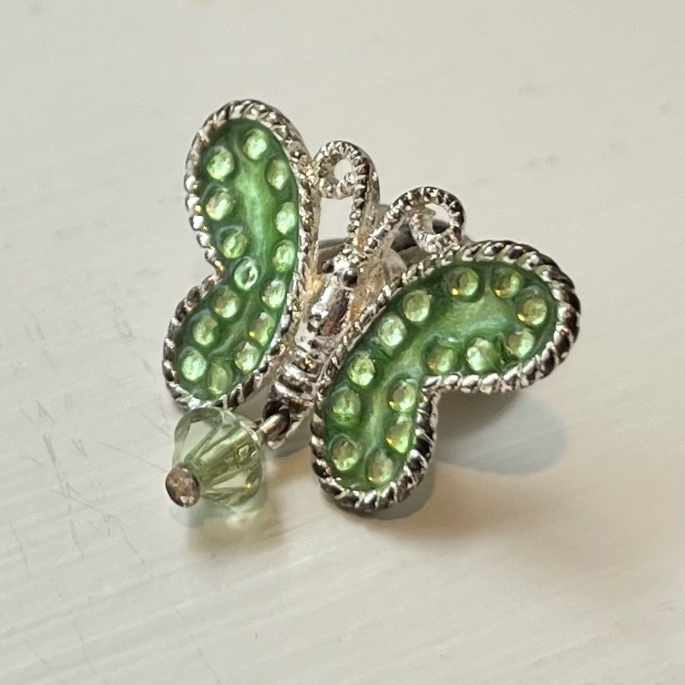 Sparkly Butterfly Pin Green Dangling Bead and Green Faux Stone Ring 7/8” x 7/8” - Picture 2 of 5